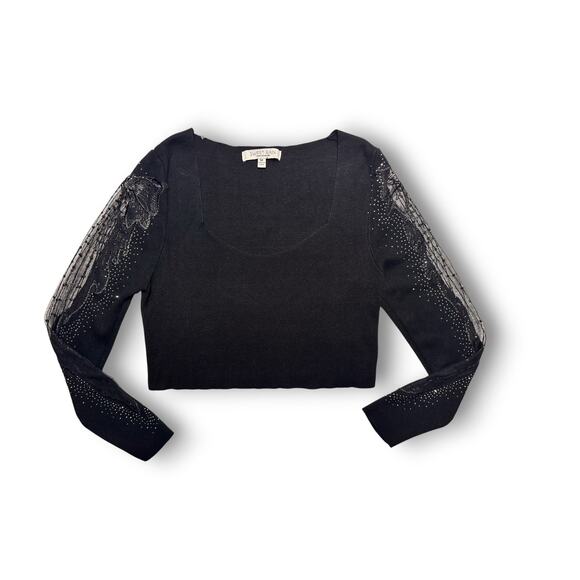 Sweet Rain Black Embellished Knit Crop Top W/ Lace Sleeves Size Medium - Picture 1 of 13